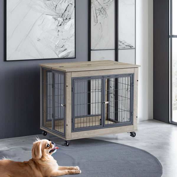 Furniture Dog Crate with Double Doors & Casters, Grey, 31.5'' W