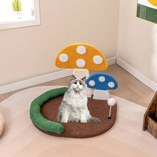 Mushroom Cat Bed with Scratcher & Sisal Panel