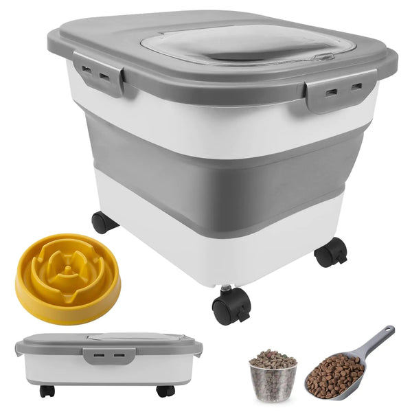 All-in-One 20lb Foldable Pet Food Bin with Scoop and Wheels - Grey