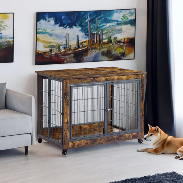 Rustic Brown Furniture Dog Cage with Double Doors, Rolling Casters