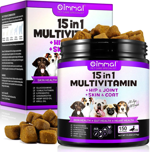 15-in-1 Multivitamin for Dogs, Joint & Skin Support, 150 Soft Chews, Duck Flavor