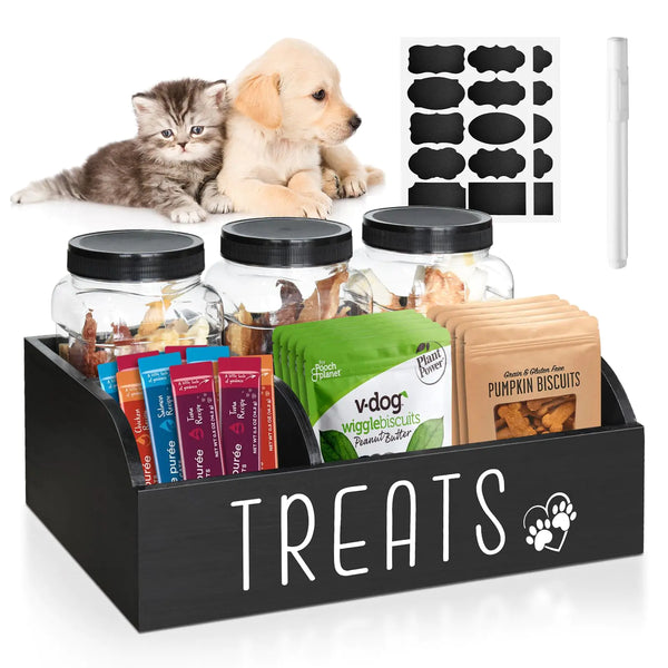 Memorial Dog Treat Container with 3 Jars – Rustic Wooden Pet Food Storage Organizer