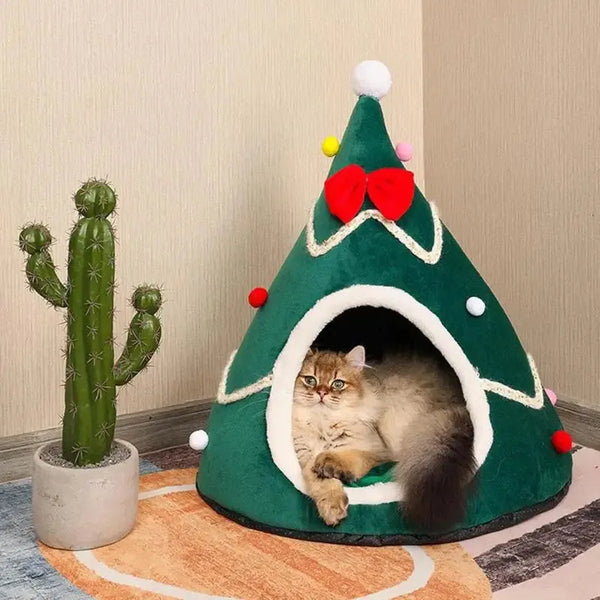 Christmas Tree Cat Cave Plush Pet Tent House