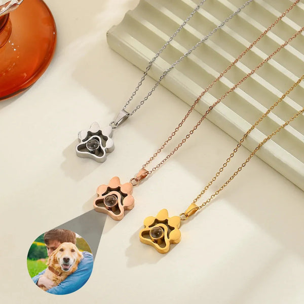 Custom Pet Photo Projection Necklace Dog Paw Pendant