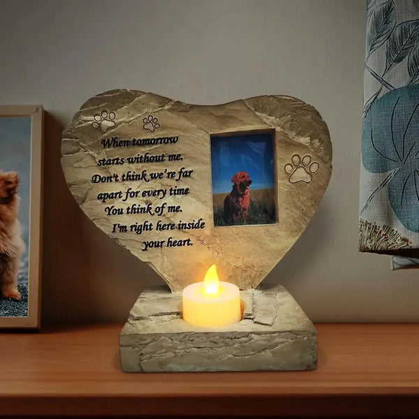 Heart-Shaped Pet Memorial Stone with Photo Frame & Candle Holder