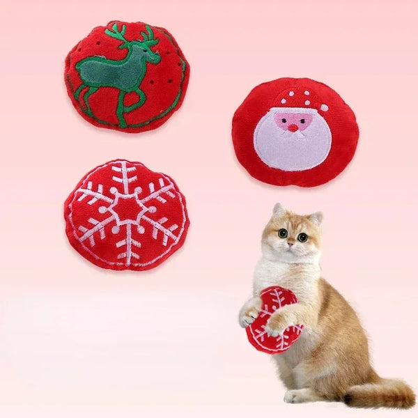 New Christmas Catnip Plush Toy - Creative Round Cat Pillow with Soundpaper