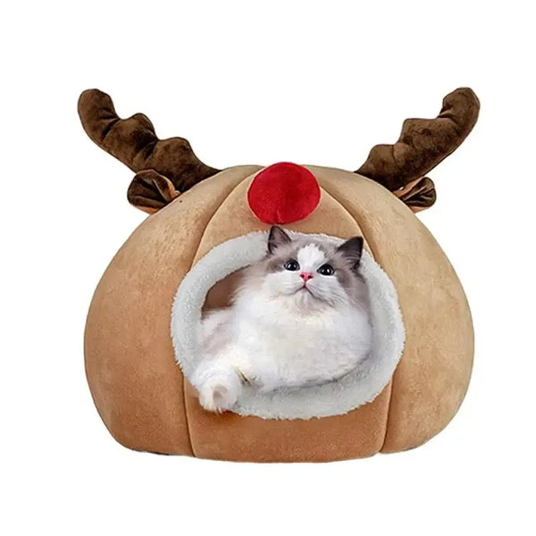 Christmas Cat Bed with Antlers - Warm Enclosed Pet Tent