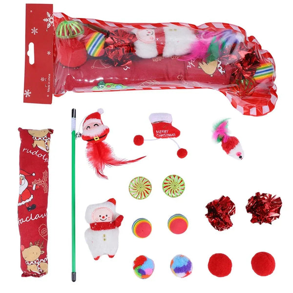 15pcs Christmas Cat Toy Set - Interactive Feather, Bell & Plush Toys