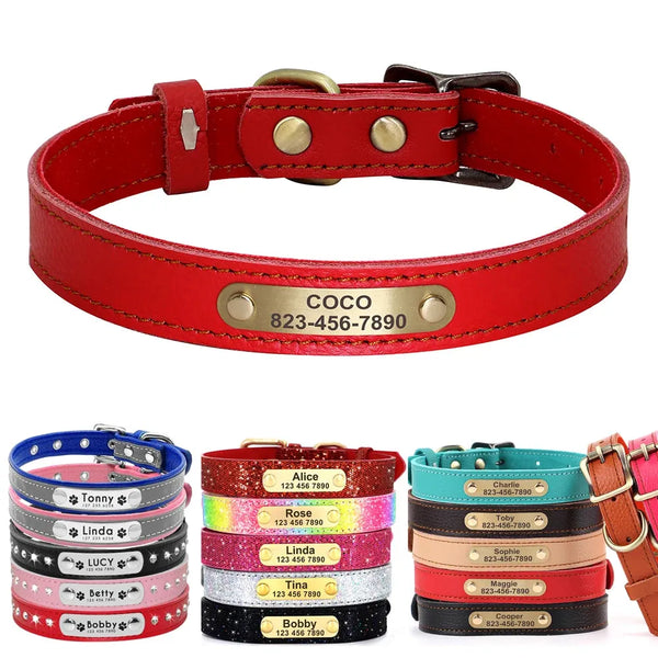 Personalized Leather Dog Collar – Custom Engraved Nameplate Pet ID Collar
