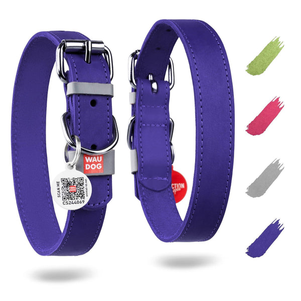 Genuine Leather Dog Collar with Metal Buckle & Smart QR Tag