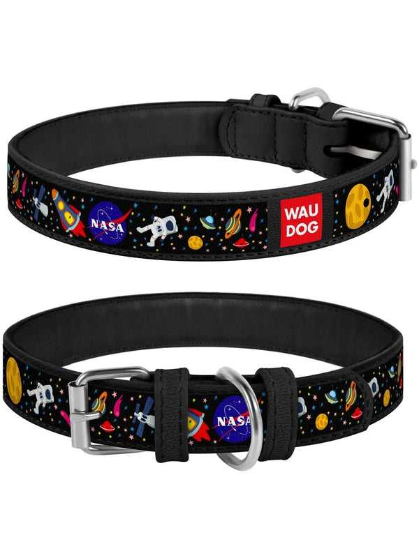WAUDOG Leather Dog Collar with NASA Design for Medium Dogs