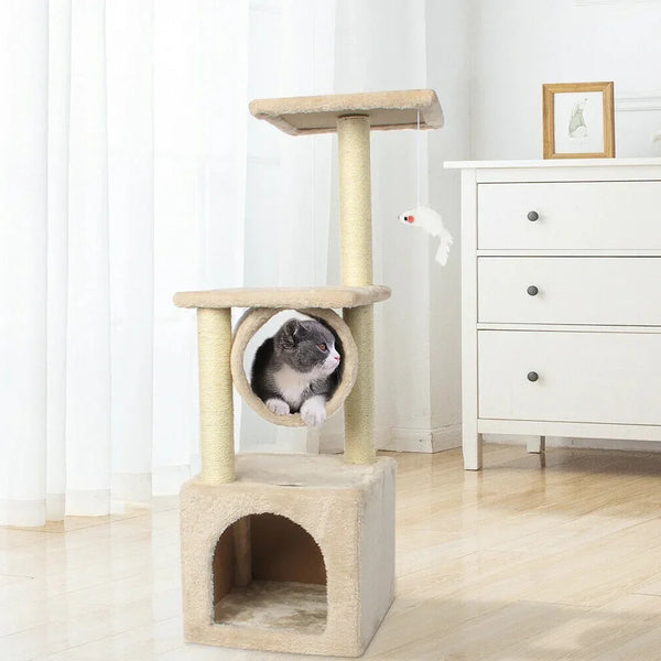 Cat Tree House Tower with Scratching Post & Toy Mouse