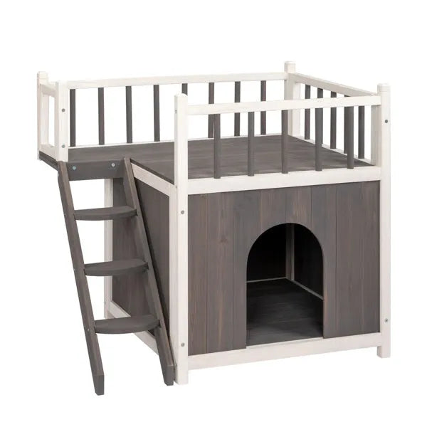 2-Story Wooden Cat House with Ladder, Spacious Indoor/Outdoor Feral Pet House