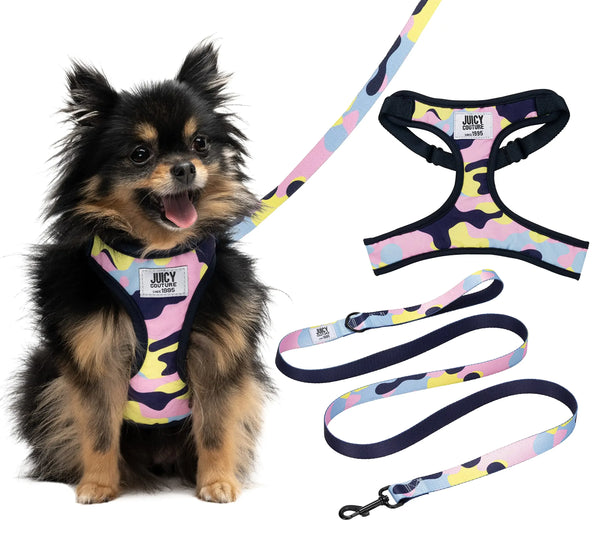 Juicy Couture Vibrant Camo Pet Harness Set - Adjustable & Padded