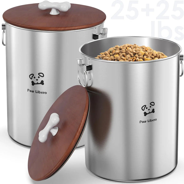 2PK Stainless Steel Airtight Dog Food Containers with Wooden Lids – 50 lbs Capacity