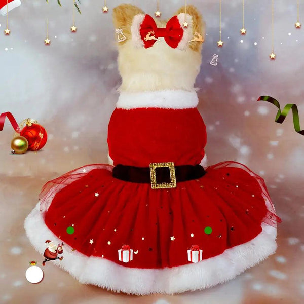 Shiny Mesh Glitter Santa Pet Dress with Hairband - themiraclebrands.com